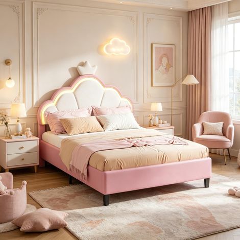 Lit Double 140 x 200 CM, Structure de Lit 2 Places pour Enfant, Tête de Lit réglable, Sommier à Lattes, LED, Velours, Rose Blanc