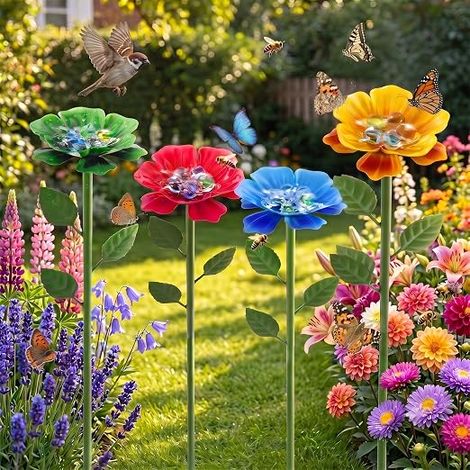Abreuvoir abeille métal piquet jardin 63,5 cm Set abreuvoir oiseaux insectes, design avec 20 billes de verre, bain pour papillons extérieur, déco jardin