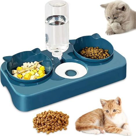 Doppelnapf für Katzen und Hunde, 3-in-1-Wasser- und Futterautomat, um 15° neigbarer Doppelnapf für Katzen und Welpen, blau (1/5)