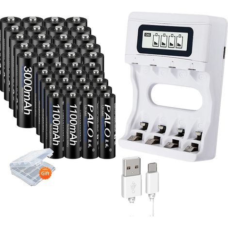 Cargador de baterías recargables, control de carga inteligente, diseño ecológico, 20 pilas AA/AA y cargador, 1,2 V (1/2)