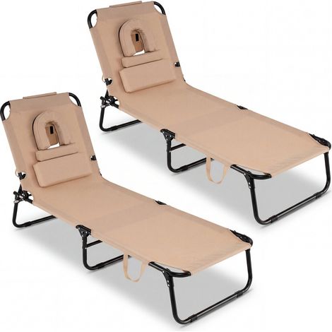 Lot de 2 chaises longues beiges pliantes en Oxford avec dossier réglable, trou facial et 3 coussins amovibles pour plage