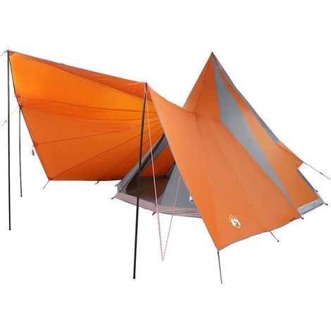 Une tente indienne couverte, grise et orange, 510 x 690 x 330 cm, en taffetas.