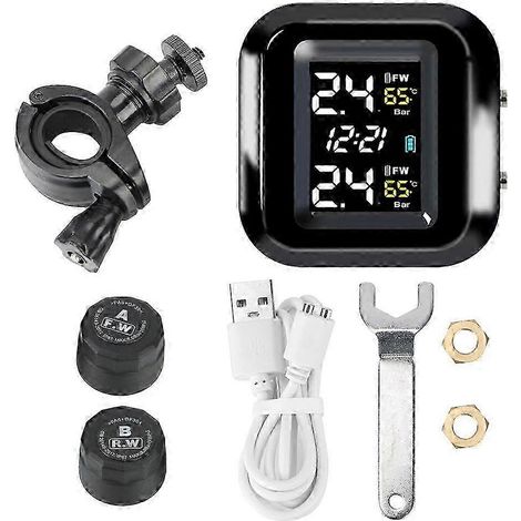 Sistema de monitoreo de presión de neumáticos TPMS para motocicleta con 2 sensores externos y cargador USB - Kit universal de alarma de temperatura de neumáticos para bicicleta (1/5)