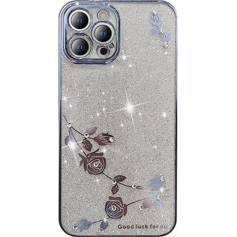 Custodia per iPhone 14 Pro Max, fiore glitterato, blu (1/2)