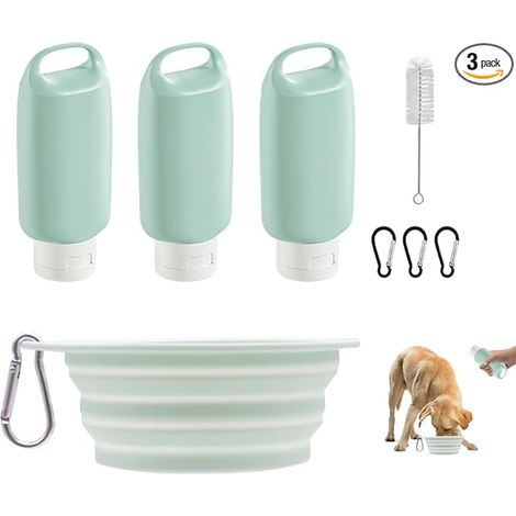 3 Pièces Tubes Nourriture Chien 100 ml et Gamelles Pliables avec Boucle Rétractable Brosse Nettoyage pour Randonnée Camping Voyage (Vert) (1/5)