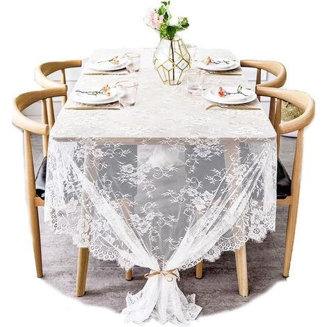 Nappe de Table en Dentelle Blanche Brodée à Roses 60 x 120 Pouces, Décoration de Réception de Mariage Romantique Bohème, pour Baby Shower et Tea-Party (1/4)