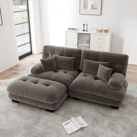 Divano angolare modulare 220 x 145 x 81 cm in ciniglia marrone con ottomana DESVIAE (1/5)