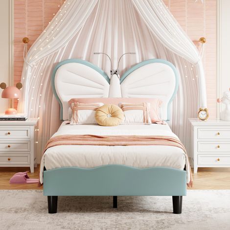Letto per bambini 90 x 200 cm, letto singolo per ragazzi e ragazze, letto per ragazzi, testiera a farfalla con luce di lettura, altezza regolabile, flanella, bianco e blu (1/5)