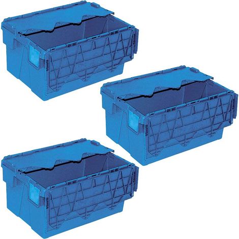 BRB Lot de 3 récipients d'expédition réutilisables avec couvercle, 54 l, 600 x 400 x 305 mm, bleu