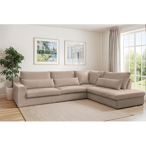 Ecksofa Designersofa THORA in Stoff Poso Beige Ottomane Rechts (1/2)