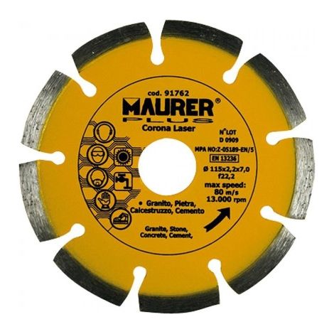 91762 - DISCO DIAMANTATO CORONA LASER  SEGMENTATA 115X2,2X7 MM GRANITO PIETRA CALCESTRUZZO  - UMIDO SECCO (1/2)