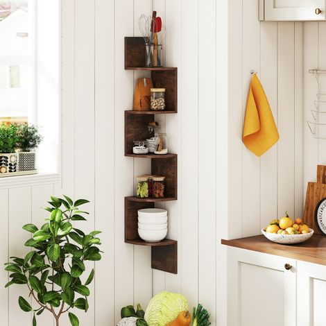 Étagère d'Angle à 5 Niveaux Étagère Murale Flottante Organisateur de Rangement Mural Support en Bois Design Moderne Brun Rustique (1/3)