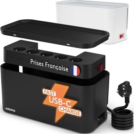 Boîte de Rangement câble - Boîte Cache câble, Cable 2M, avec multiprise intégrée, avec Broche de Terre, Convient pour la France, Ports USB-A et USB-C, Quick Charge 3.0 - Cache multiprise (1/5)