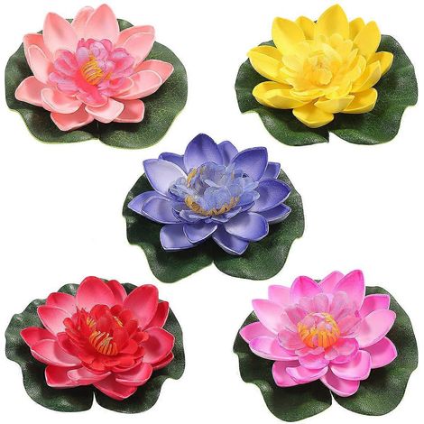 Vorcool Lot de 5 nénuphars artificiels flottants en EVA, fleurs de lotus, décoration pour bassin, 10 cm, rouge, jaune, bleu, rose, rose clair-10.00X10.00X3.00CM