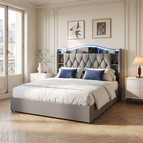 Lit coffre 160x200 cm velours capitonné avec tête de lit connectée (USB/Type-C, induction, LED) et rangement hydraulique - Facile à monter (1/5)