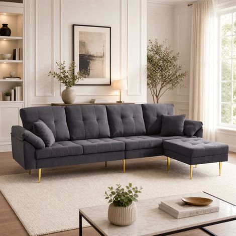 Canapé 4 places 250x70x87 cm, canapé d'angle modulable en L avec pouf amovible, coussins épais, pieds métal 20 cm, velours côtelé Gris foncé (1/5)