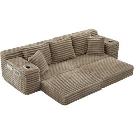 ELVMI Gerades Schlafsofa mit Seitentaschen und Getränkehaltern, hoher Rückenlehne, aus Cord, Khaki (1/5)