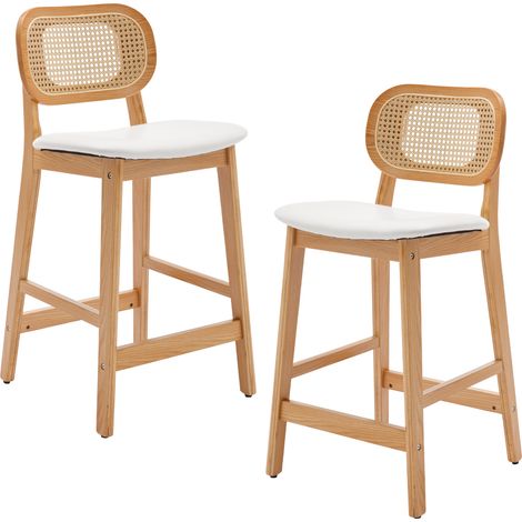Wahson Taburetes Altos de Madera 2 Unidades – Asiento de Lana Sintética Blanco, Respaldo de Ratán y Patas de Madera Maciza, Sillas para Isla de Cocina y Barra