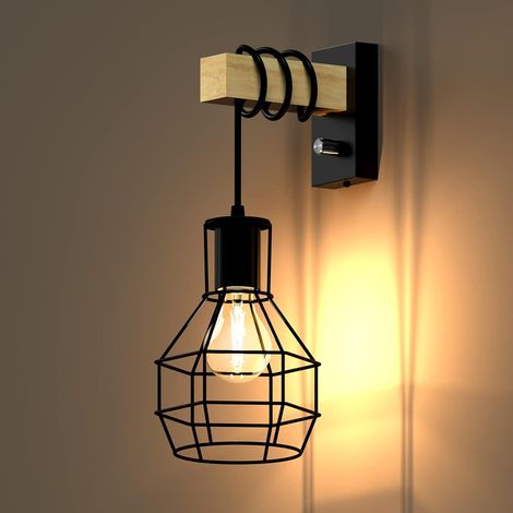 QAZQA Applique Murale Interieur avec Variateur, Industrielle Métal et Bois Lampe Murale Vintage pour Chambre Salon Restaurant Cuisine Couloir Bar, E27, Noir, 220V (1/5)