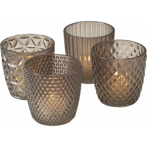 Windlicht MARILU - 4 teilig - transparent grau Glas Teelicht Halter Tisch Deko