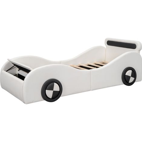 Cama infantil coche 90 x 200 cm en PU y MDF blanco con ruedas luminosas y almacenaje (1/5)