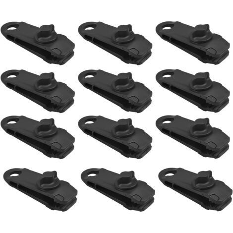 Pack of 12 heavy duty black tarpaulin clips for tarpaulins, tents, caravans, garden, awnings, fabrics, boats. (1/5)