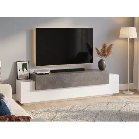 Dmora - Mobile porta TV Arold, Credenza bassa da soggiorno, Base porta televisione, 100% Made in Italy, cm 200x45h52, Bianco lucido e Ardesia (1/5)