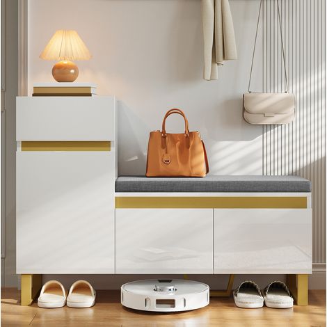 Scarpiera in MDF bianco lucido con panca imbottita, 1 cassetto, ante e vano aperto 120 x 35 x 85 cm (1/5)