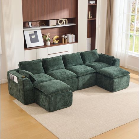 Modulares 4-Sitzer-Sofa mit 2 Hockern, Chenille, Dunkelgrün HAVRYA (1/5)