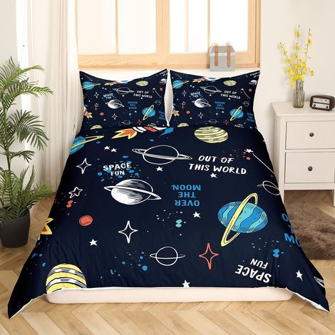 Cosmos Housse de Couette Galaxie Parure de Lit 140x200cm pour Enfants Garçons Filles Starry Sky Sets de Housse de Couette Dessin animé Rocket Planet avec 1 taie d'oreiller - 140 x 200 cm (1/5)