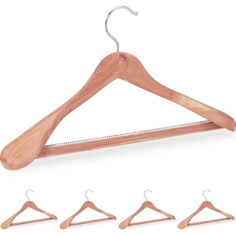 Lot de 5 cintres bois de cèdre anti-mites, épaules larges, barre pantalon 35 cm, crochet rotatif 360°, charge 8 kg (1/5)