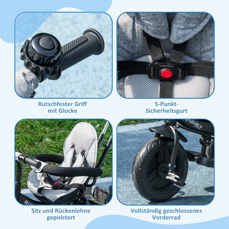 Tricycle évolutif enfant 6 en 1 avec poignée de poussée, auvent, ceinture de sécurité et coffre de rangement, gris, pour 1 à 5 ans