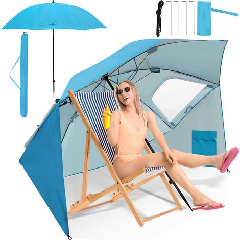 Wolketon Strandschirm 210 cm Sonnenschirm mit UV Schutz 50+, neigbar mit Erdspieß und Tragetasche, wasserabweisender Gartenschirm für Strand, Garten & Balkon – Himmelblau