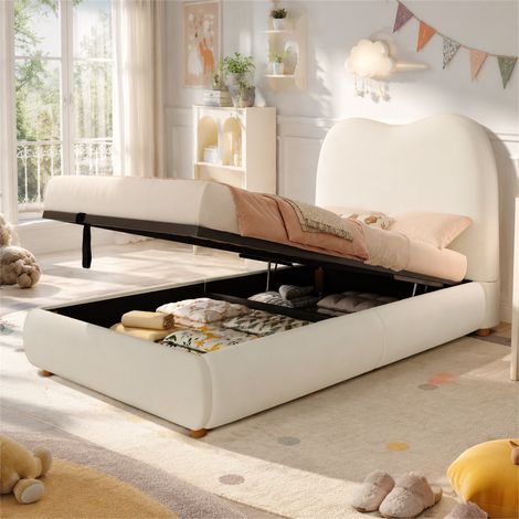 Lit enfant rembourré 90x200 cm, lit coffre hydraulique, lit simple, tête matelassée, velours, beige (1/5)