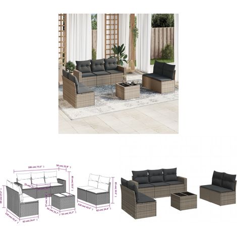8-tlg. Garten-Sofagarnitur mit Kissen Grau Poly Rattan - Gartensorte - Outdoor Möbel - Lounge Set - Gartenlounge - Rattan Sofa - Home & Living
