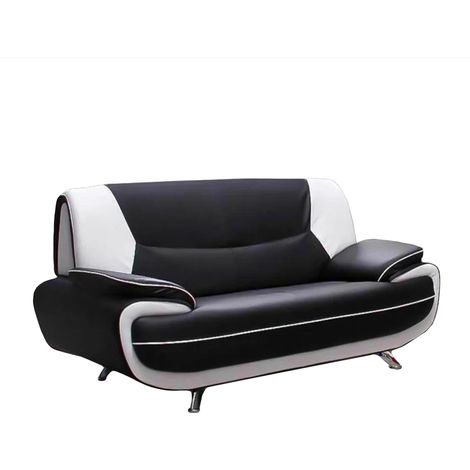 Mobilier Deco – Canapé droit 2 places en simili cuir noir et blanc – Pieds chromés – Design moderne et élégant – Confort optimal pour salon
