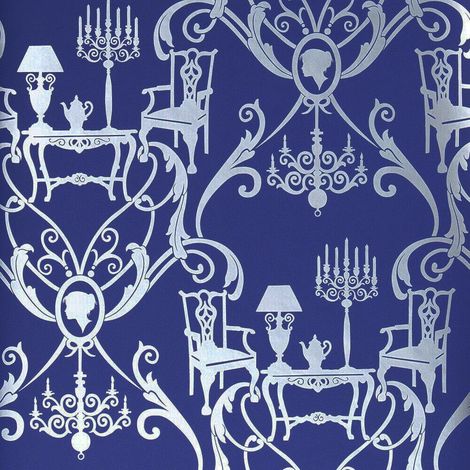 Damasquerade Blue Navy Silver Wallpaper Dining Room Metallic Damask Candle (1/3)