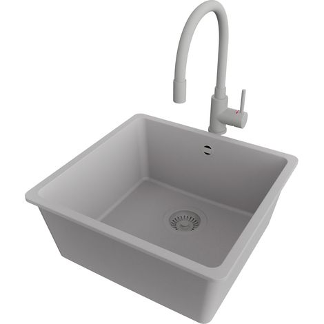 PRIMAGRAN Evier Cuisine en Granit 46x44cm,Lavabo 1 bac + Robinet 38x14cm + Kit de Vidage, Évier à Encastrer au meuble 50cm - Venise Slim Easy, Gris (1/5)