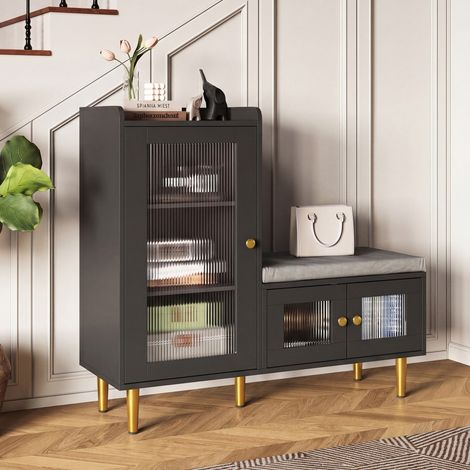 Schuhschrank mit Sitzbank 100 x 35 x 90 cm in Schwarz und Gold – Dielenmöbel mit verstellbaren Einlegeböden, geriffelten Glastüren und gepolsterter Sitzfläche