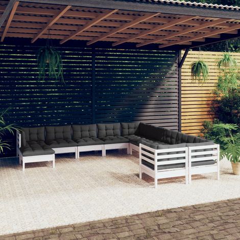Salon de jardin 11 pcs Ensemble Table et Chaise de Jardin - avec coussins Blanc Bois de pin BV300241 - BonneVie (1/5)