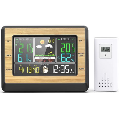 1 Station météo sans fil, écran LCD 6 pouces, alarme température humidité, réveil fonction snooze, 1 capteur extérieur, bureau chambre (1/5)
