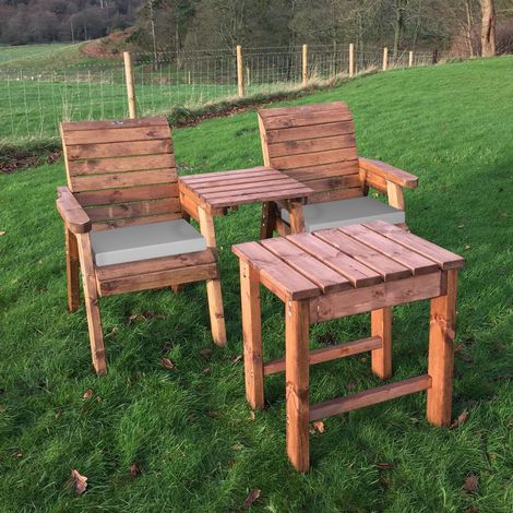 Charles Taylor Deluxe Wooden Garden 2x Armchair Chair Coffee Table Grey Cushion (1/4)