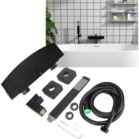 Robinet de baignoire cascade G1/2, ensemble de douche en cuivre intégral, fixation murale, double poignée, double commande, usage domestique, noir (1/5)