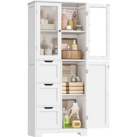 Badezimmerschrank Hoch mit 3 Türen & 3 Schubladen, Weiß (1/5)