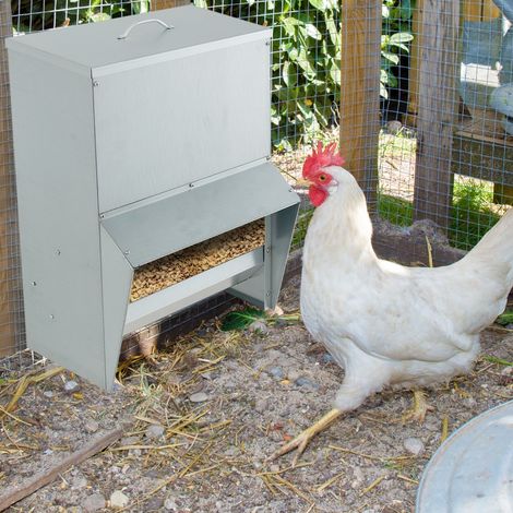 Mangeoire à Poulet Galvanisée de Capacité de 22 kg Fixation Murale avec Couvercle Distributeur de Nourriture Sans Gaspillage Argent (1/5)