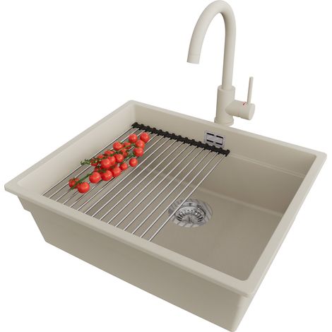 PRIMAGRAN Evier Cuisine en Granit 56x47cm, Lavabo 1 bac + Robinet 32x20cm + Kit de Vidage + Accessoire, Évier à Encastrer au meuble 60cm - Prague Slim, Beige (1/5)