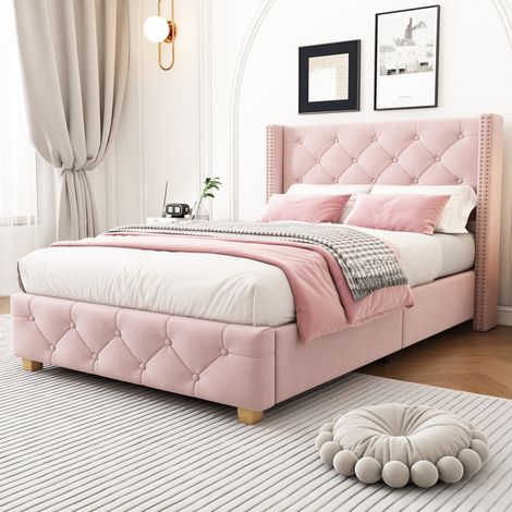 Letto bambini 90x200 cm con testiera e rete a doghe, in velluto, senza materasso, rosa (1/5)