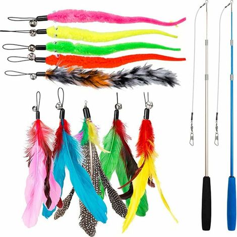 12 PCS Cat Feather Toy, Stick Toy Cat Fishing Rod with 2 PCS Interactive Retractable Rod, 10 PCS Replacement Feather with Pendant, Telescopic Pole Toy for Indoor Cats and Kittens (1/5)