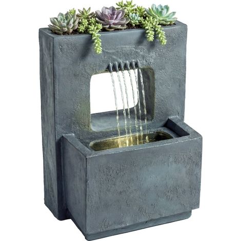 Fontaine de jardin à cascade 2 niveaux avec éclairage LED, bac à plantes, pompe, aspect pierre et réglable, dimensions 45 x 31,5 x 58,5 cm.