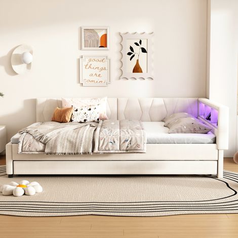 Bett Tagesbett Ausziehbar 140x200 Leinen Beige HAVRYA (1/5)
